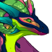 Portrait of a neon-colored female Wildclaw with curly bright green horns and green eyes.