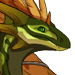 Portrait of a green and orange female Wildclaw with green eyes.