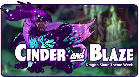 A banner image with a mirror hatchling dragon with Orchid Blaze, Orchid Cinder, and Mint Sparkle genes, giving the dragon a colorful and sparkling dark purple, light purple, bright blue, and bright green effect. The words Cinder and Blaze and Dragon Share Theme Week are overlaid on the image.