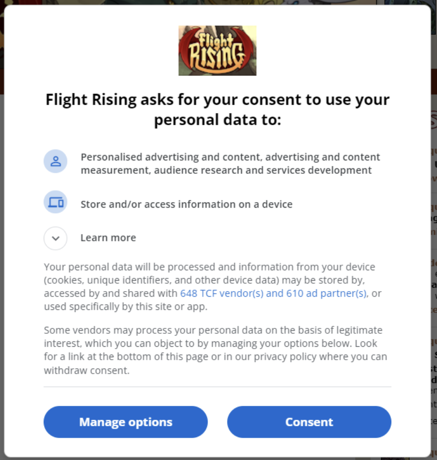 Image is a screenshot of a data consent form. The image has a white background with a screen capture of the Flight Rising logo at the top. The overlaid text is standard GDPR compliant text regarding data, consent, and has two buttons at the bottom for individuals to either 100% consent or manage their options and partially consent.