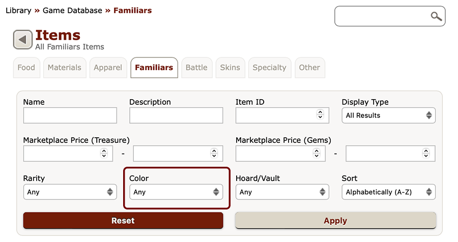 A screenshot of the Game Database's search field in the familiars tab. The dropdown to search by color has a dark red square outline around it to call attention to the option.