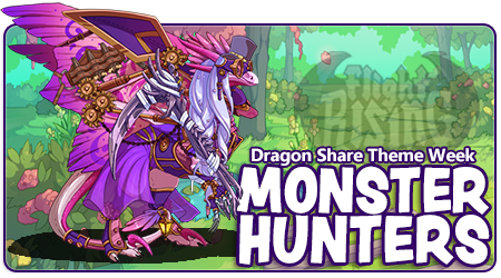 A banner shaped image of a colorful garden with trees and pink flowers. On the right is a pink and purple Wildclaw dragon in purple and copper steampunk gear. She is well-armed with a bandolier and a scythe. Her look is finished off with a matching purple top hat seated atop her wavy silvery purple braid. The words Dragon Share Theme Week and Monster Hunters are overlaid on the lower right quadrant of the banner.