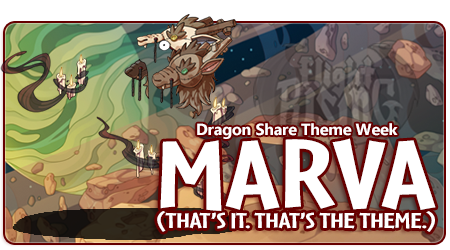 A rectangular banner image with a space background. In the foreground is a grouping of candles with a Luminax-styled article of clothing with a large saucer eye just below it. The Luminax hood and eye are hovering seemingly in mid-air. The overlaid text reads Dragon Share Theme Week and Marva (that's it, that's the theme).