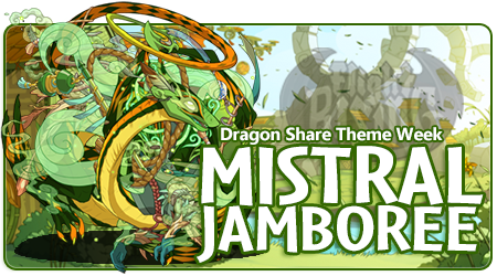 A scene from the Windsinger's windy domain, with a tall round stone structure in the background. In the foreground to the left is a green, orange, and yellow Spiral dragon dressed in Mistral Jamboree apparel from previous years. The wind from the apparel and from the dragon's primal eyes gives the dragon a green swirly wind aesthetic. To the right the words Mistral Jamboree and Dragon Share Theme Week are overlaid on the image.