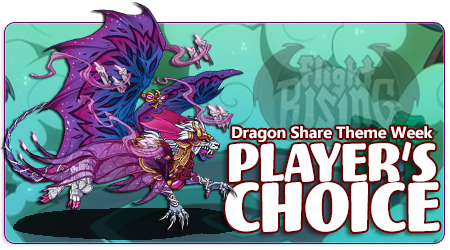 A banner image of  teal-aqua swirly sparkly clouds. In the foreground is a mirror dragon in female pose dressed in a combination of armor and ethereal apparel to give them the appearance of being dressed for a formal or ceremonial occasion. The dragon's colors are a flaunted and flaired combination of purples, blues, and pinks. The words overlaid on the banner read Dragon Share Theme Week and Player's Choice.