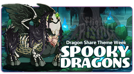 A banner image of a spooky forest in greens and blues. In the foreground is a Snapper dragon in male pose. The dragon has the Ghost tertiary gene which gives them a spooky skeletal look, amplified by their apparel which gives them an eerie water-logged look. The words Dragon Scare Theme Week and Spooky Dragons are overlaid on the lower right corner of the image.