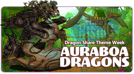 A banner image in the cartoon style of Flight Rising. The background of the banner is a lush green jungle with platforms and residences in the background. On the right side of the image is an adult Auraboa dragon in male pose with genes that give the dragon a dark branched and cosmic appearance. The words Dragon Share Theme Week and Auraboa dragons are overlaid on the image.