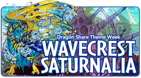 A watery background scene with a Guardian dragon in female pose. The dragon is blue and yellow with fish markings, a glittering underbelly, and dressed in water festival apparel. The words Dragon Share Theme Week and Wavecrest Saturnalia are overlaid in the bottom right quadrant of the banner.