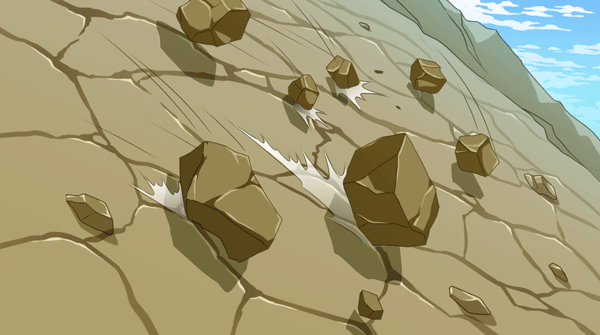 This is a teaser gif with a background of a stony hillside. In the foreground are rocks quickly sliding down the hill. These rocks are followed by a variety of round multi-colored rock-like but otherwise currently unidentified objects.