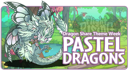 A rectangular banner shaped image with the background of a lovely blooming garden with a pink flowering tree and pond. In the foreground is a pastel green Aether dragon in female pose with pastel pink eyes. The dragon's genes give them a butterfly effect with a tertiary that makes them resemble a stinging butterfly. Overlaid on the right side of the image are the words Dragon Share Theme Week and Pastel Dragons.