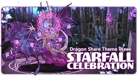 A banner image of the Arcanist's Domain, a purple and pink magical forest. On the left side of the banner is a fae dragon in female pose wearing Arcane regalia. The words on the image read Dragon Share Theme Week and Starfall Celebration.