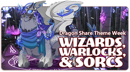 A banner image with a Snapper dragon in male pose sitting slightly center-left on a magical scene, the Arcanist's Domain, surrounded by sigils of power. The Snapper's genes and colors are Smoke Basic, Moon Basic, and Moon Runes, giving the dragon a glowing magical effect; this is further enhanced by the dragon's apparel: Twice-Dyed Cowl and Mantle, Ghost Flame Headpiece, Candles, and Tail Jewel. The text overlaid on the image reads Dragon Share Theme Week and Wizards, Warlocks, & Sorcs