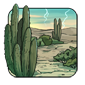 Highland Scrub icon, showing a desert landscape with patches of shrubbery and tall cacti.